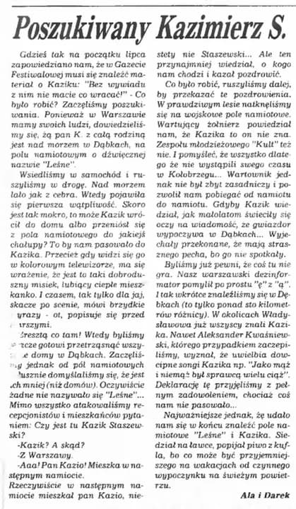 Tekst dotyczący poszukiwania Kazika autorstwa Aleksandry i Dariusza Pilarczyków