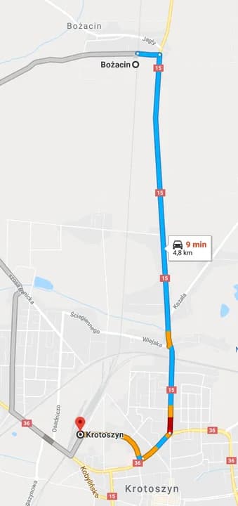 Trasa przejazdu autobusu ZKA w relacji Bożacin – Krotoszyn
