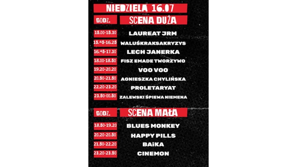 Drugiego dnia Jarocin Festiwal 2023 na dwóch scenach wystąpi łącznie dwunastu artystów Duża scena 15:00 - 15:30 Laureat JRM 15:45 - 16:25 WaluśKraksaKryzys 16:45 - 17:30 Lech Janerka 18:00 - 18:50 Fisz Emade Tworzywo 19:20 - 20:20 Voo Voo 20:50 - 21:50 Agnieszka Chylińska 22:20 - 23:20 Proletaryat 23:50 - 00:50 Zalewski Śpiewa Niemena Mała scena 18:50 - 19:20 Blues Monkey 20:20 - 20:50 Happy Pills 21:50 - 22:20 BAiKA 23:20 - 23:50 Cinemon