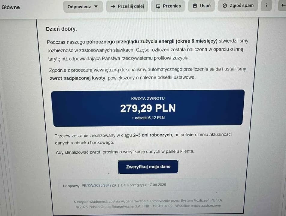 Fałszywe maile z PGE o „zwrocie nadpłaty”. Uważaj, bo stracisz pieniądze z konta! — zdjęcie 3 z 4
