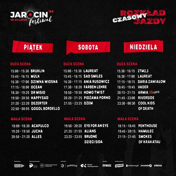 Rozkład jazdy Jarocin Festiwal 2024 (piątek, 19 lipca - niedziela, 21 lipca)