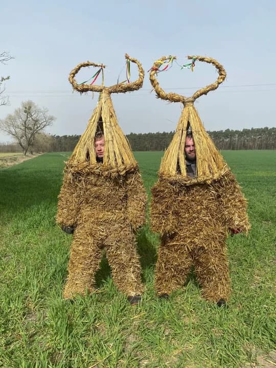 Niedźwiedź (Miś, Słomiak) Ubrany w słomę lub futro, często prowadzony na łańcuchu. Symbolizuje zimę, którą trzeba przegonić. Bywa oblewany wodą lub bity kijami, co ma przywołać wiosnę i zapewnić urodzaj. Uderzenie wysoką czapą z rogami, na których znajdują się często dzwoneczki ma przynosić szczęście. Tradycyjne Niedźwiedzie muszą mieć też wyplecione ze słomy ogony. Chodzenie w takim stroju to nie taka prosta sprawa i to niezależnie od warunków pogodowych panujących w przyrodzie. - Na pewno nie ułatwia tego fakt, że cały dzień trzeba chodzić w słomie, która łącznie z czapką waży od kilku do kilkunastu kilogramów, w zależności od wielkości osoby, która za Niedźwiedzia jest ubierana. Samo ubieranie Niedźwiedzi zaczyna się około 3 godziny przed wyjściem całego pochodu" - wyjaśniają "niedźwiedzie" z OSP w Cielczy.