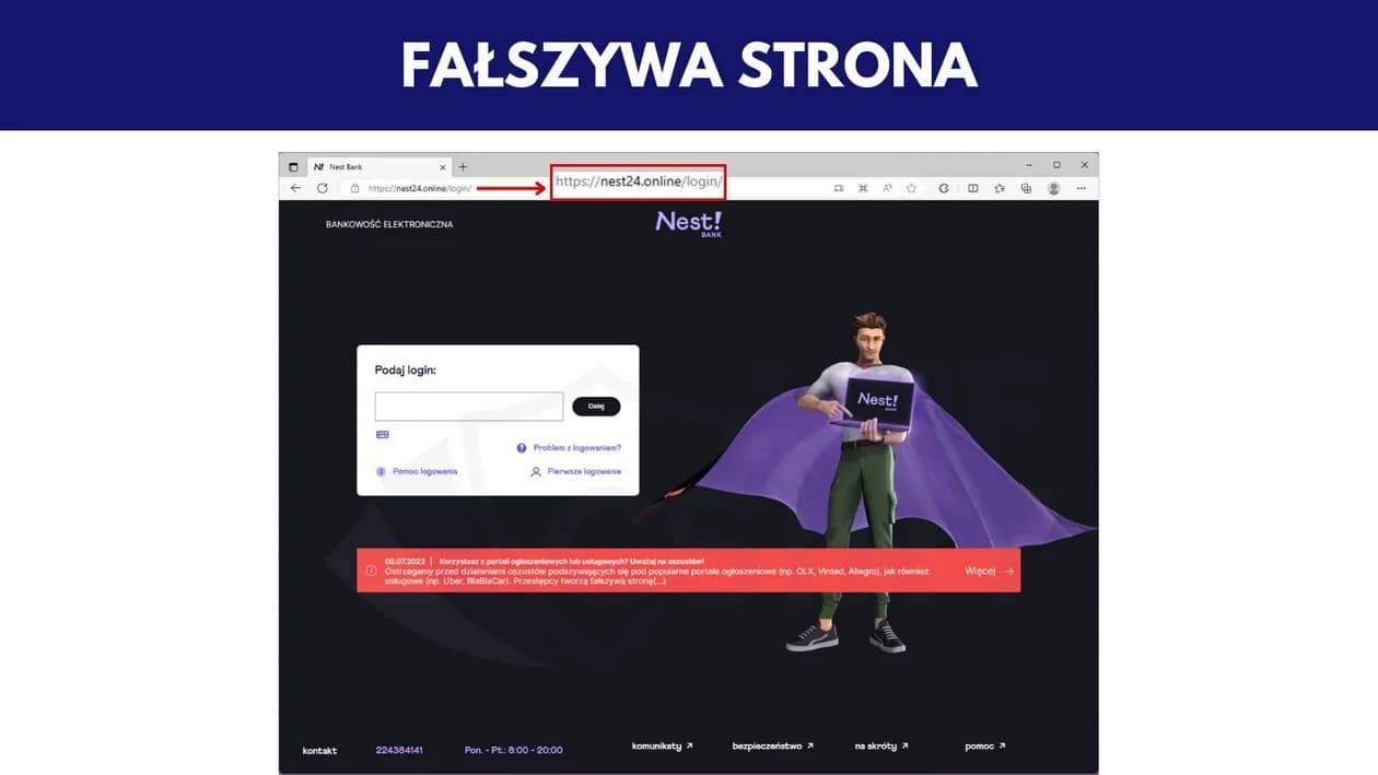 Hakerzy wykorzystują fałszywe reklamy w wyszukiwarce Microsoft Bing do dystrybucji niebezpiecznych stron bankowości elektronicznej. W tym przypadku oszuści podszywają się pod Nest Bank S.A. i wyłudzają poświadczenia logowania do bankowości elektronicznej. Powyżej niebezpieczna strona, do której prowadziła fałszywa reklama.