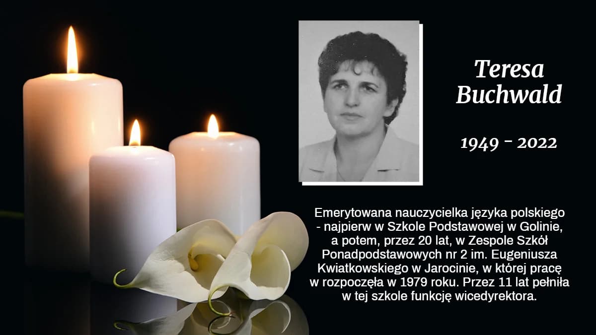 Emerytowana nauczycielka języka polskiego - najpierw w Szkole Podstawowej w Golinie, a potem, przez 20 lat, w Zespole Szkół Ponadpodstawowych nr 2 im. Eugeniusza Kwiatkowskiego w Jarocinie, w której pracę w rozpoczęła w 1979 roku. Przez 11 lat pełniła w tej szkole funkcję wicedyrektora. W roku 1999 przeszła na emeryturę, ale przez kolejne 23 lata była obecna w życiu szkoły. Uczestniczyła w szkolnych uroczystościach, wigilijnych spotkaniach, wycieczkach. Zaangażowała się w działalność Stowarzyszenia Przyjaciół „Dwójki”. Żywo interesowała się tym, co działo się w szkole, jej szkole. Chętnie dzieliła się też swoim zawodowym doświadczeniem. - Była autorytetem dla wielu pokoleń nauczycieli i młodzieży, nieprzeciętną polonistką - nauczycielką o ogromnej wiedzy literackiej i językowej. Sumienna, cierpliwa, inspirująca. Znała dobrze każdego ucznia, ponieważ potrafiła słuchać. Jej wychowankowie wiedzieli, że byli dla niej ważni. Smuciły ją ich porażki, a ogromnie cieszyły sukcesy - napisano we wspomnieniach, jakie zamieszczono na stronie internetowej szkoły po jej śmierci. Zostanie zapamiętana jako osoba pogodna, życzliwa i uśmiechnięta. Taką też widzieli ją uczestnicy Jarocińskiego Uniwersytetu Trzeciego Wieku, w którego działalność zaangażowała się będąc na emeryturze.Teresa Buchwald zmarła 3 grudnia. Miała 73 lata. Uroczystości pogrzebowe z udziałem rodziny, przyjaciół oraz przedstawicieli społeczności szkolnej odbyły się w środę 7 grudnia 2022 roku na jarocińskim cmentarzu.