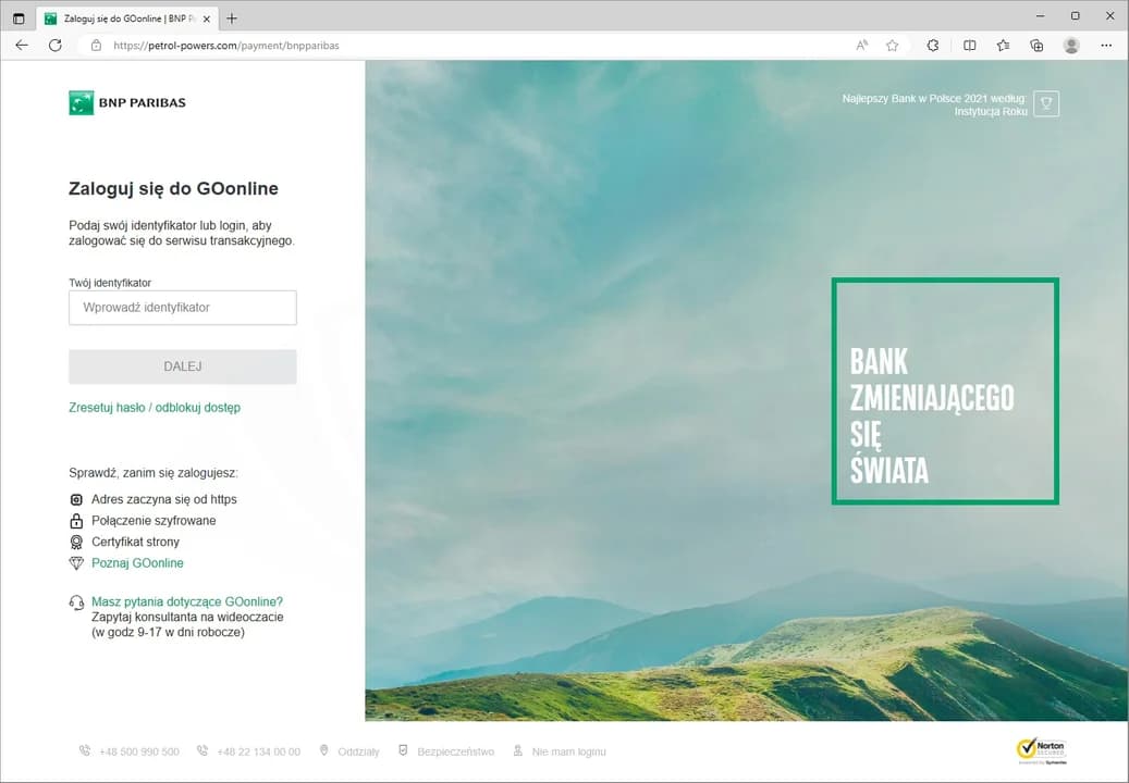 Przykład fałszywej strony podszywającej się pod znany bank. Znów na niebezpieczeństwo wskazuje już adres.