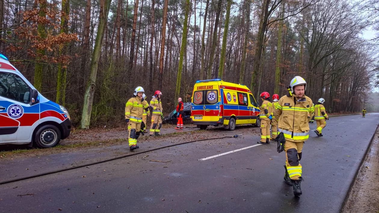 Wypadek na drodze Golina - Zakrzew. BMW uderzyło w drzewo — zdjęcie 3 z 40