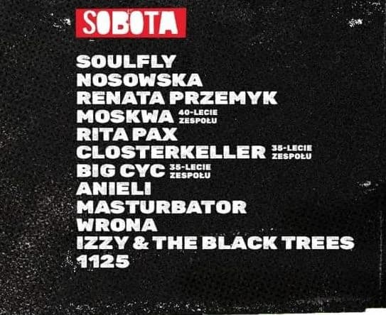 Jarocin Festiwal 2023. Drugiego dnia, 15 lipca, zagrają: Soufly Nosowska Renata Przemyk Moskwa, 40-lecie zespołu Rita Pax Closterkeller, 35-lecie zespołu Big Cyc, 35-lecie zespołu Anieli Masturbator Wrona Izzy & The Black Trees 1125