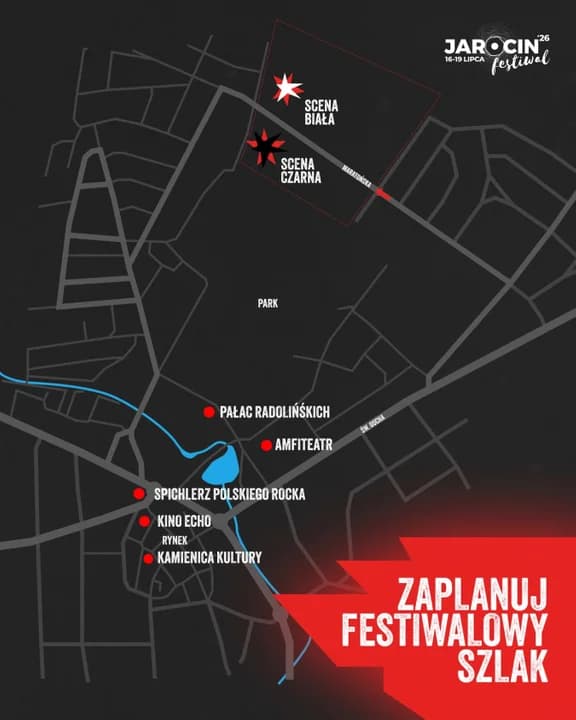 Mapa miasta z najważniejszymi miejscami podczas Jarocin Festiwal 2026