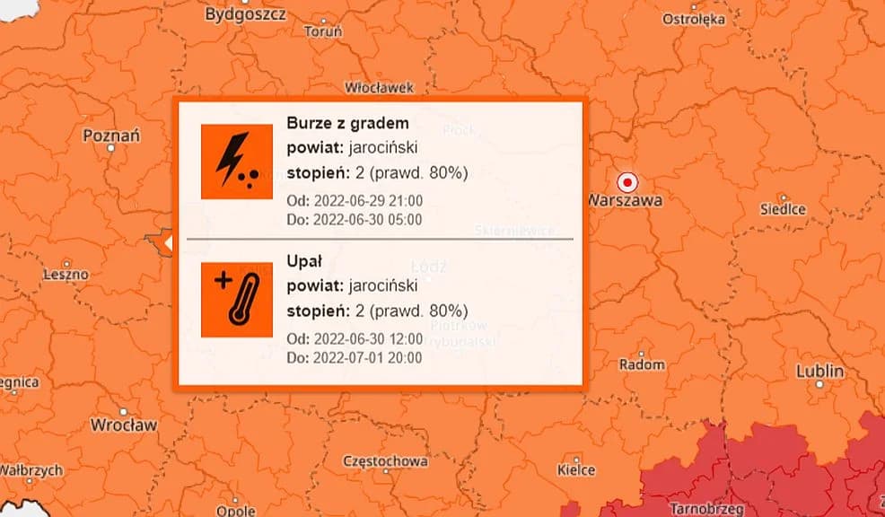 Burze z gradem, bardzo silne opady deszczu, porywisty wiatr w powiecie jarocińskim. IMiGW oraz RCB wydały alerty pogodowe