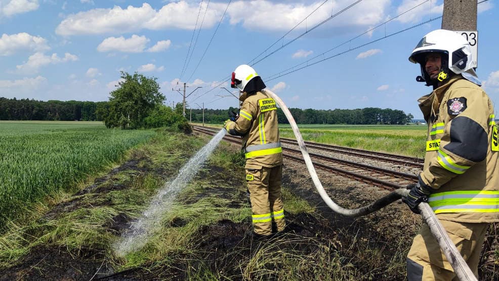 Pożar trawy i plama oleju na drodze [GALERIA]