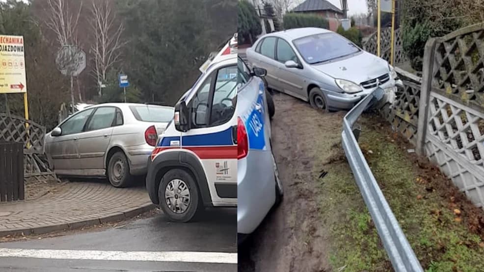 Citroenem uciekał przed policją. Uderzył w  betonowy płot w Wilkowyi