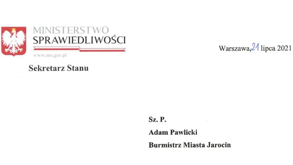 Burmistrz Adam Pawlicki otrzymał list z Ministerstwa Sprawiedliwości. Znamy szczegóły pisma