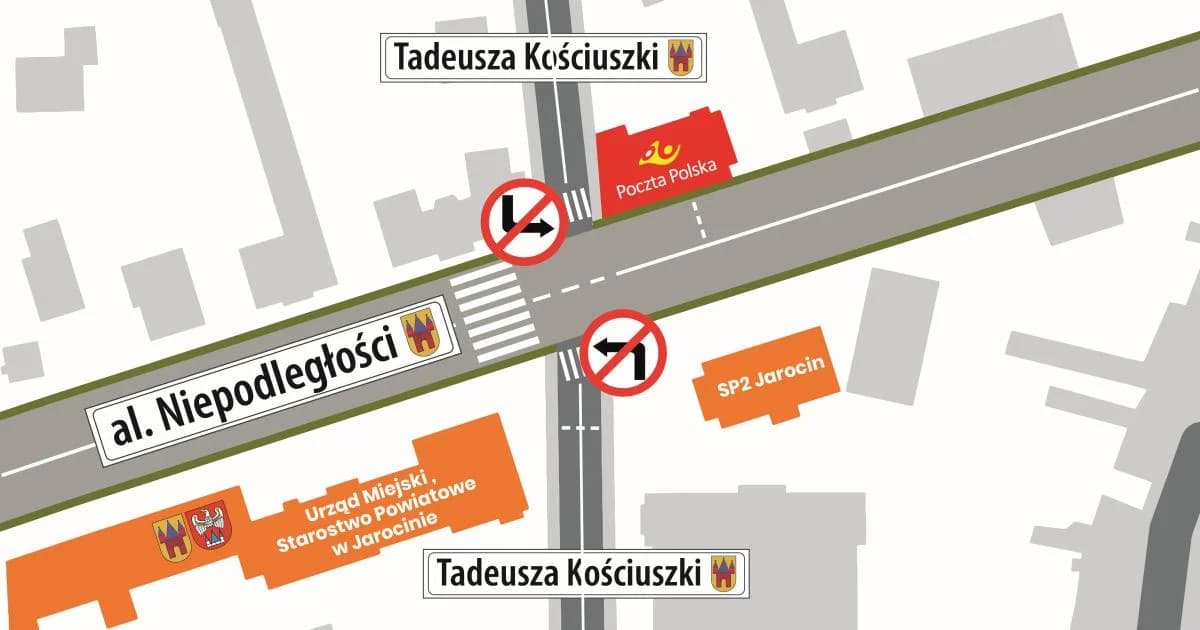 Zmiana organizacji ruchu na skrzyżowaniu ul. Kościuszki i Niepodległości w Jarocinie