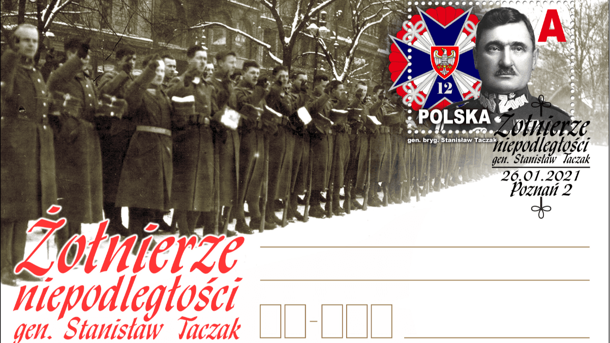 Generał Taczak na pocztówce 12. Wielkopolskiej Brygady Obrony Terytorialnej