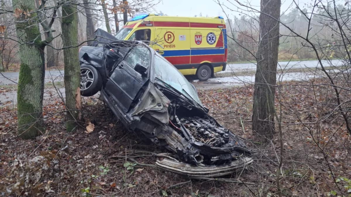 Wypadek na drodze Golina - Zakrzew. BMW uderzyło w drzewo