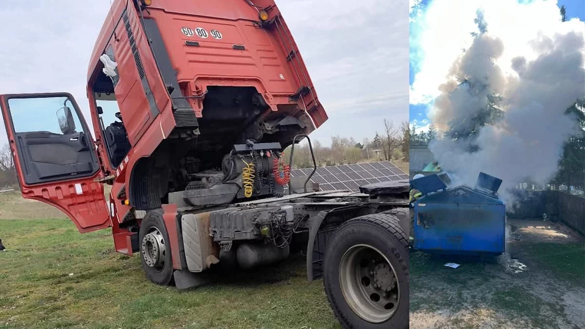 Awaria ciężarówki i pożar na cmentarzu. Strażacy w akcji